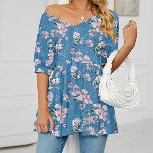 V-neck printed t-shirt bubble short-sleeved corset top